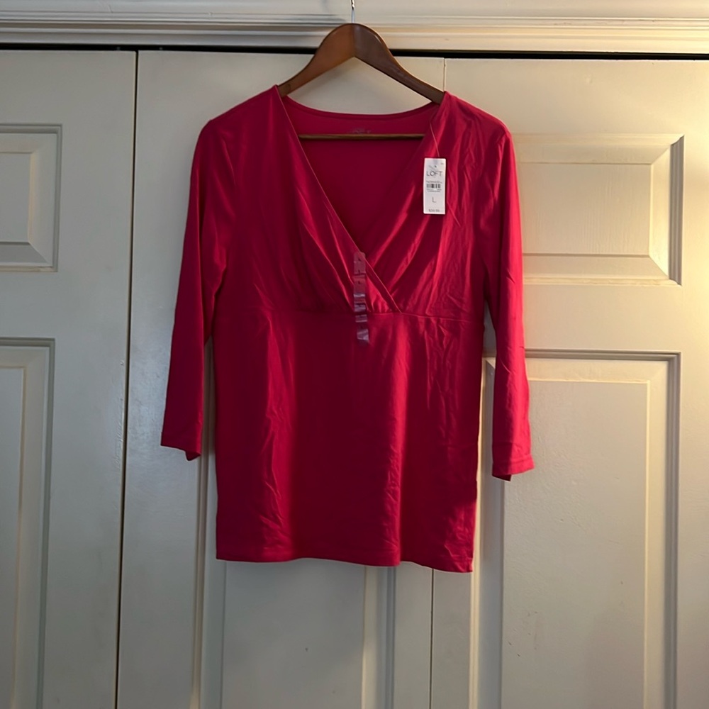 Loft NWT dark pink 3/4 sleeve top wrap high top vneck 3/4 sleeve cotton spandex